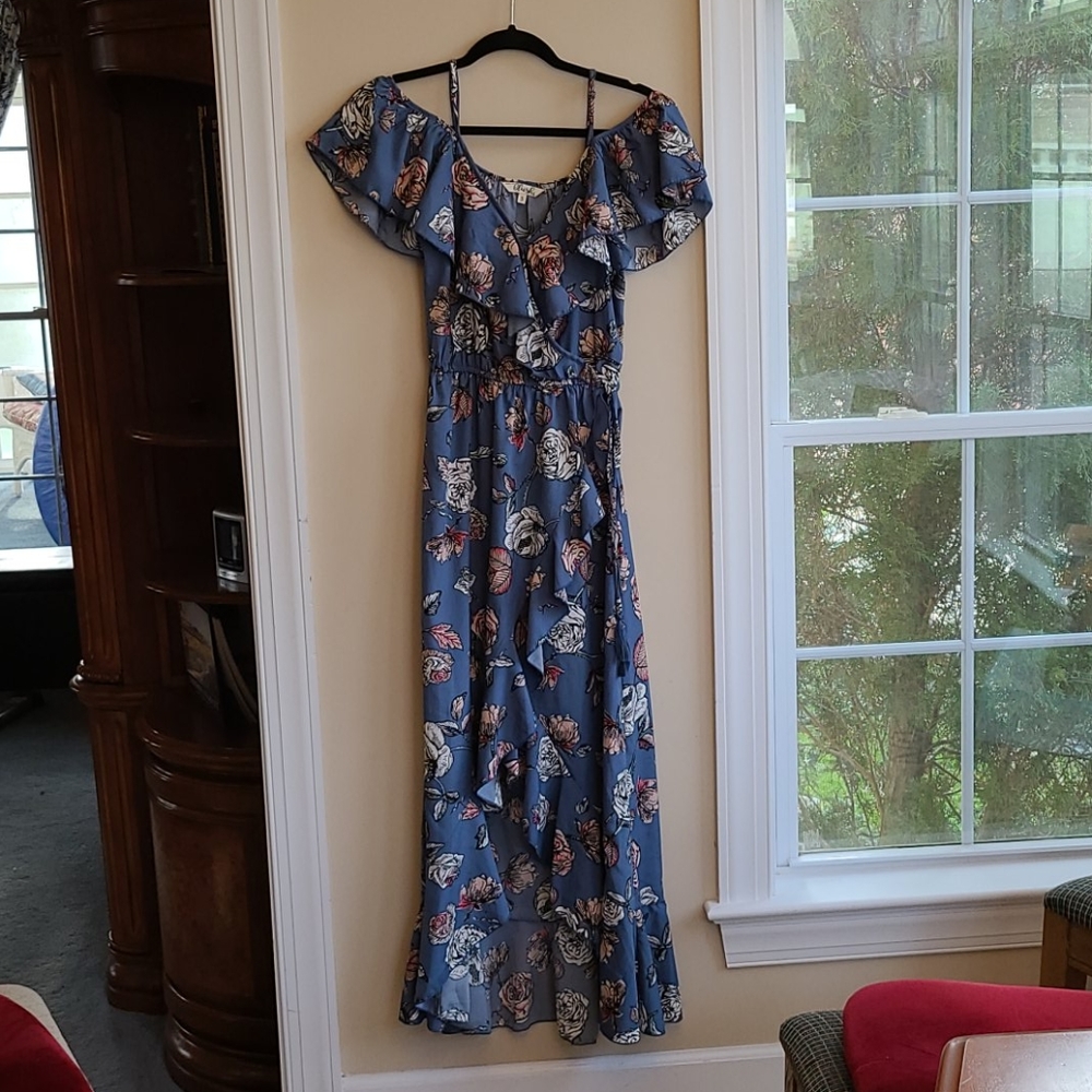 Blue Cold-Shoulder Ruffle Wrap Dress w/ Flowers